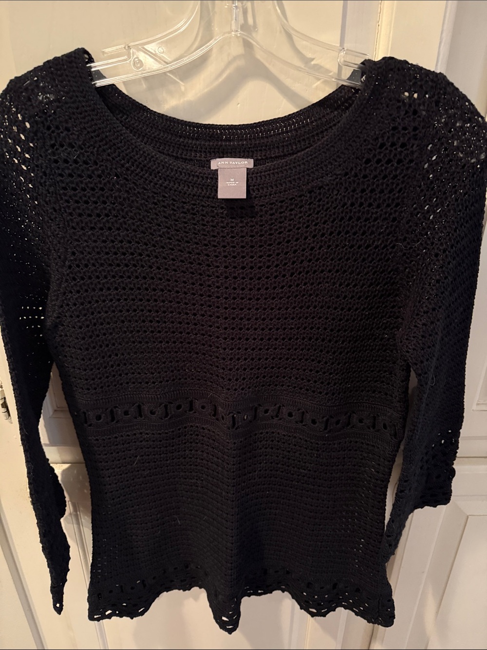 Ann Taylor Black Crochet Scoop Neck Cotton Sweater